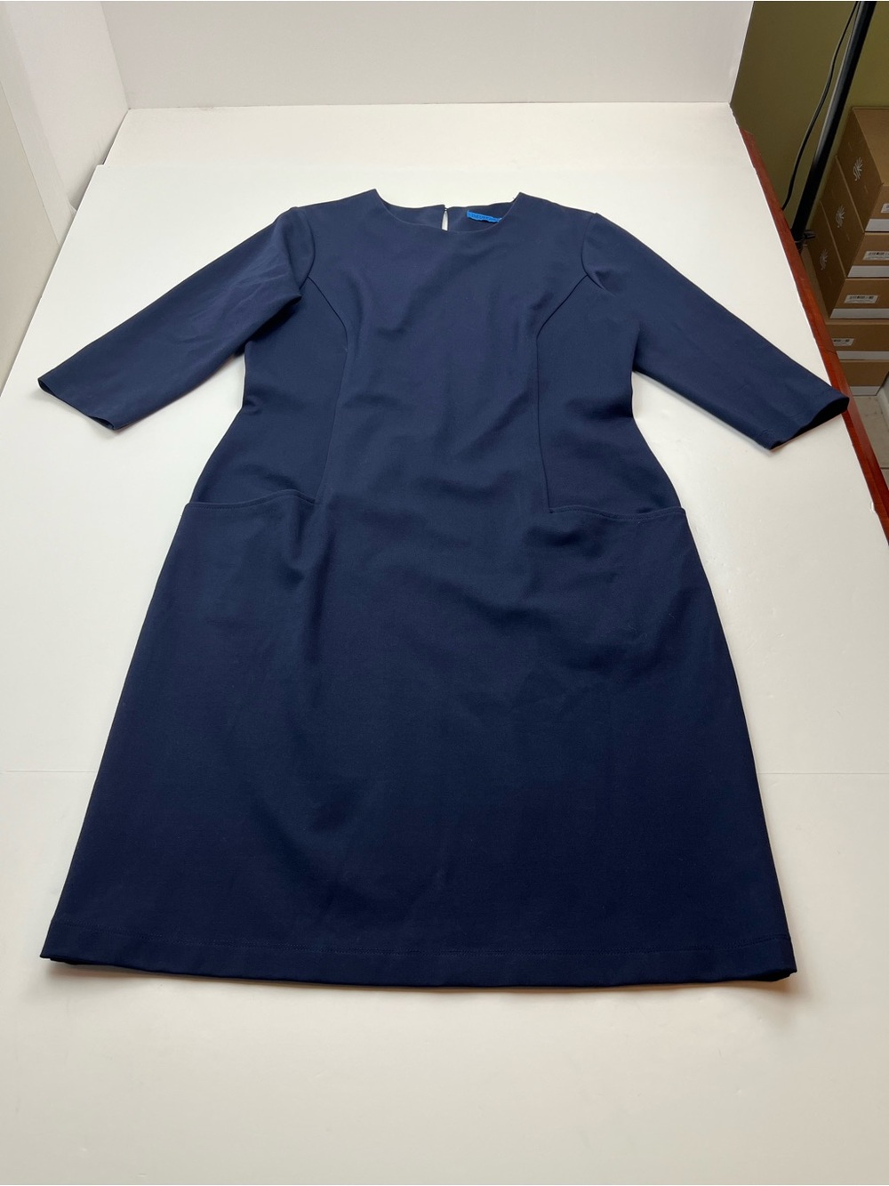 J. McLaughlin Classic Navy Blue Sheath Dress Women's Large Midi Pockets Office